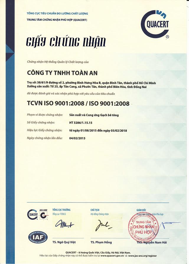 Chứng nhận ISO 9001-2008 - Công Ty TNHH Toàn An